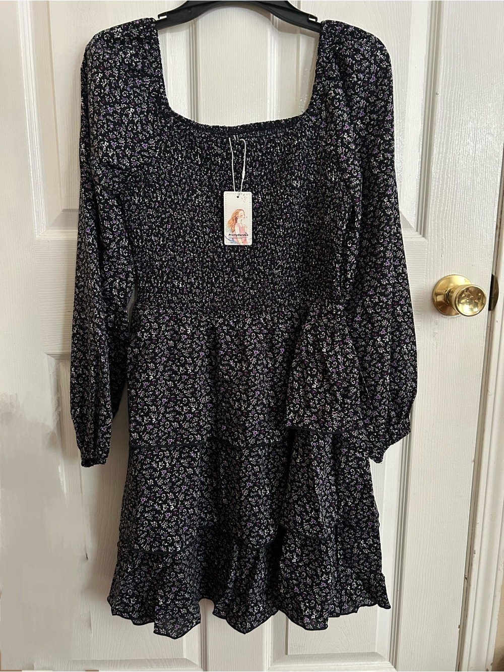 Smocked Square-Neck Long Sleeve Floral Ruffle Dress - Black with Purple Floral